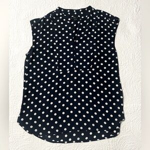 J. Crew CapSleeved Button Front Closure Navy Blue & White Polka Dot Blouse MTall